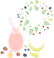 Pink smoothie or juice in a glass bottle with a straw for a cocktail, fruits and berries, floral frame in a flat style png