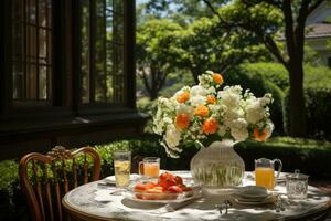 mesa conjunto para un verano desayuno tardío en el jardín ai generado foto
