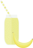 Yellow smoothie or juice in a glass bottle with a straw for a cocktail and banana on a table in a flat png