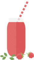 Smoothie or juice in a glass jar with a straw for a cocktail and green leaves, raspberries in a flat png