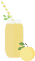 Smoothie or juice in a glass bottle with a straw for a cocktail and peach on a table in a flat png