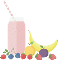 Pink smoothie or juice in a glass bottle with a straw for a cocktail and fruits and berries on a table in a flat style png