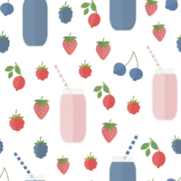 Seamless pattern with smoothie or juice bottles and berries, repeat cute background in flat png