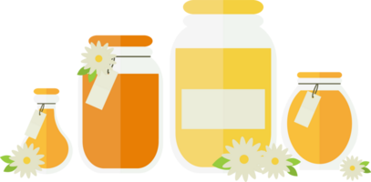 Several jars of honey or juice with tags and flowers on the table, flat illustration png