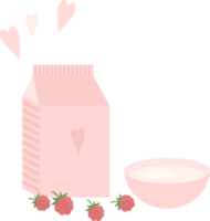 Illustration with a pink package of milk or yogurt, a bowl and rasberries on the table in flat style png