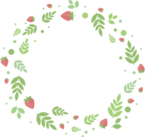 Round frame of strawberries and green leaves and twigs in flat png