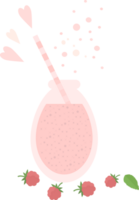 Pink smoothie or juice in a glass bottle with a straw for cocktail and raspberries, mint, hearts in flat png