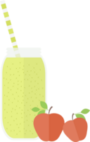 Smoothie or juice in a glass bottle with a straw for a cocktail and red apples on a table in a flat png