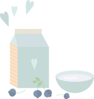 Illustration with a blue package of milk or yogurt, a bowl and blueberries on the table in flat png