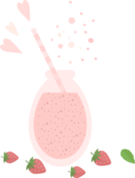 Pink smoothie or juice in a glass bottle with a straw for cocktail and strawberries, mint, hearts in flat png