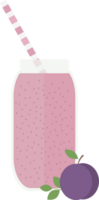 Smoothie or juice in a glass bottle with a straw for a cocktail and plum on a table in a flat png