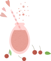 Pink smoothie or juice in a glass bottle with a straw for cocktail and cherries, mint, hearts in flat style png