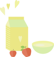 Illustration with a yellow package of milk or yogurt, a bowl and red apples on the table in flat png