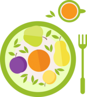 A plate with fruits on the table and a fork, juice in a cup, green leaves in flat png