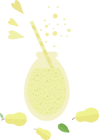 Yellow smoothie or juice in a glass bottle with a straw for cocktail and pears, mint, hearts in flat png