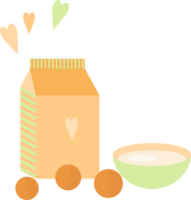 Illustration mit ein Paket von Milch oder Joghurt, ein Schüssel und Orangen auf das Tabelle im eben png