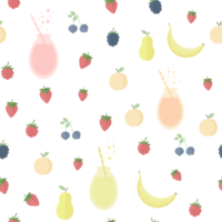 Seamless pattern with smoothie or juice bottles, berries and fruits, repeat cute background in flat png