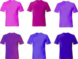 T shirt design template. Set men shirts blue, purple, pink color. Realistic mock up tshirt model male fashion. vector