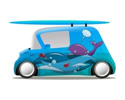 Oceano aerografia mini dibujos animados coche con un tabla de surf vector