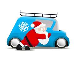 Santa pushing a blue mini car vector