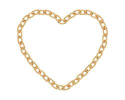 Realistic golden chain texture. Gold chains link heart isolated on white background. Love symbol jewelry chainlet three dimensional design element. vector