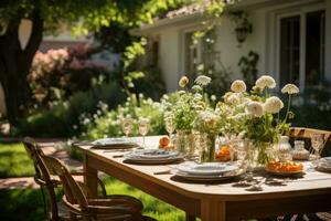 table set for a summer brunch in the garden AI Generated photo