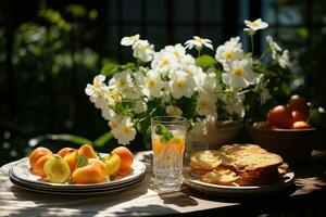 table set for a summer brunch in the garden AI Generated photo