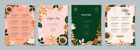 conjunto de bosquejo pancartas con café frijoles y hojas en vistoso antecedentes para póster, cubrir, menú o otro modelo diseño. vector ilustración.