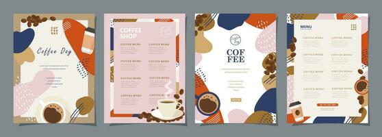 conjunto de bosquejo pancartas con café frijoles y hojas en vistoso antecedentes para póster, cubrir, menú o otro modelo diseño. vector ilustración.