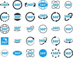 360 degrees icon set. Rotate arrow, VR reality panoramic symbol. Wide degree view icons. Virtual tour or game vector sign.