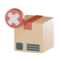 Damaged cardboard package order cross cancel symbol badge logistics inefficiency icon 3D render. png