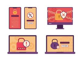 conjunto de ordenadores y móvil Los telefonos con error bloquear pantalla advertencia para ciber crimen concepto ilustración vector