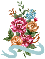 waterverf wijnoogst bloemen samenstelling roze rood blauw oranje bruin en bladeren boeket bloemen en veren geïsoleerd voor groet kaart bruids partij png