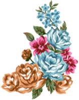 waterverf wijnoogst bloemen samenstelling roze rood blauw oranje bruin en bladeren boeket bloemen en veren geïsoleerd voor groet kaart bruids partij png