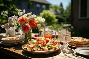 table set for a summer brunch in the garden AI Generated photo