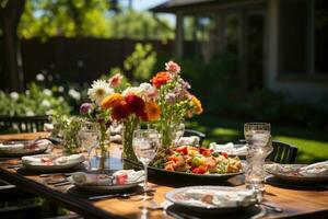 table set for a summer brunch in the garden AI Generated photo