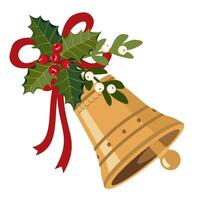 Golden Christmas bell decorated with holly, mistletoe with berries. A ringing bell on a holly branch with red berries. Illustrated vector clipart.