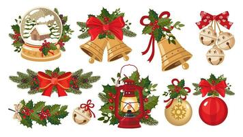 A large set of Christmas decorations. Fir garland, snow globe, bells, holly, mistletoe, glass balls, vintage lantern. Illustrated vector clipart.