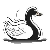 Black and white illustration of a swan swimming on a white background vector