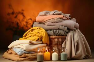 Pile of clean clothes and Wicker basket with clean laundry professional advertising photography AI Generative photo