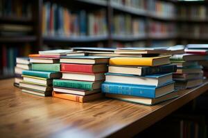 pile of book on the top table in library professional advertising photography AI Generative photo