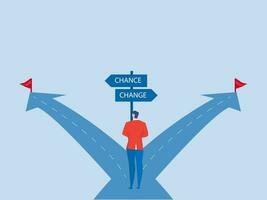 businessman standing middle direct way between the word change to chance for improve and development self career growth flat vector illustrator