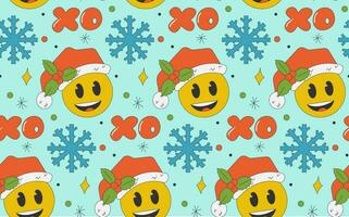 Groovy retro pattern with xmas emoticon and snowflake on blue background. Christmas seamless with happy face. Vector illustration
