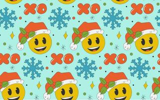 Groovy retro pattern with xmas emoticon and snowflake on blue background. Christmas seamless with happy face. Vector illustration