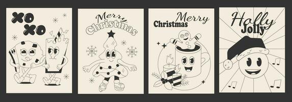 Groovy set posters Christmas. Retro line flier with character xmas tree and cookie in 60s style. Emoji in winter hat and gingerbread in cartoon style vector