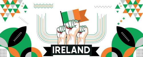 Ireland national or independence day banner for country celebration. Flag of Ireland with raised fists. Modern retro design with abstract geometric icons. Vector illustration.