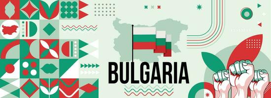 Bulgaria national or independence day banner for bulgarian celebration. Flag and map of Bulgaria with raised fists. Modern retro design with typorgaphy abstract geometric icons. Vector illustration.