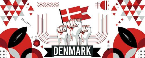 Denmark national or independence day banner for country celebration. Flag and map of Denmark with raised fists. Modern retro design with  abstract geometric icons. Vector illustration.