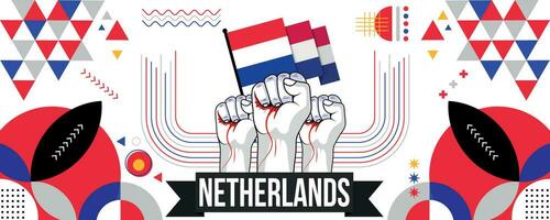 Netherlands national or independence day banner for country celebration. Flag and map of Nederland with raised fists. Modern retro design with abstract geometric icons. Vector illustration.