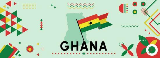 Ghana national or independence day banner design for country celebration. Flag and map of Ghana with modern retro design and abstract geometric icons. Vector illustration